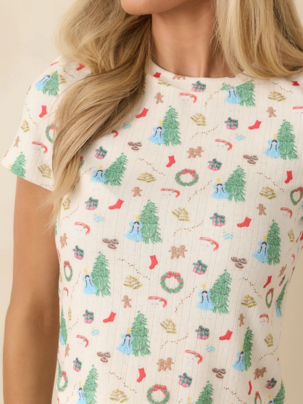 Bailey Rose Holiday Morning Ivory Christmas Print Short Sleeve Pajama Top S